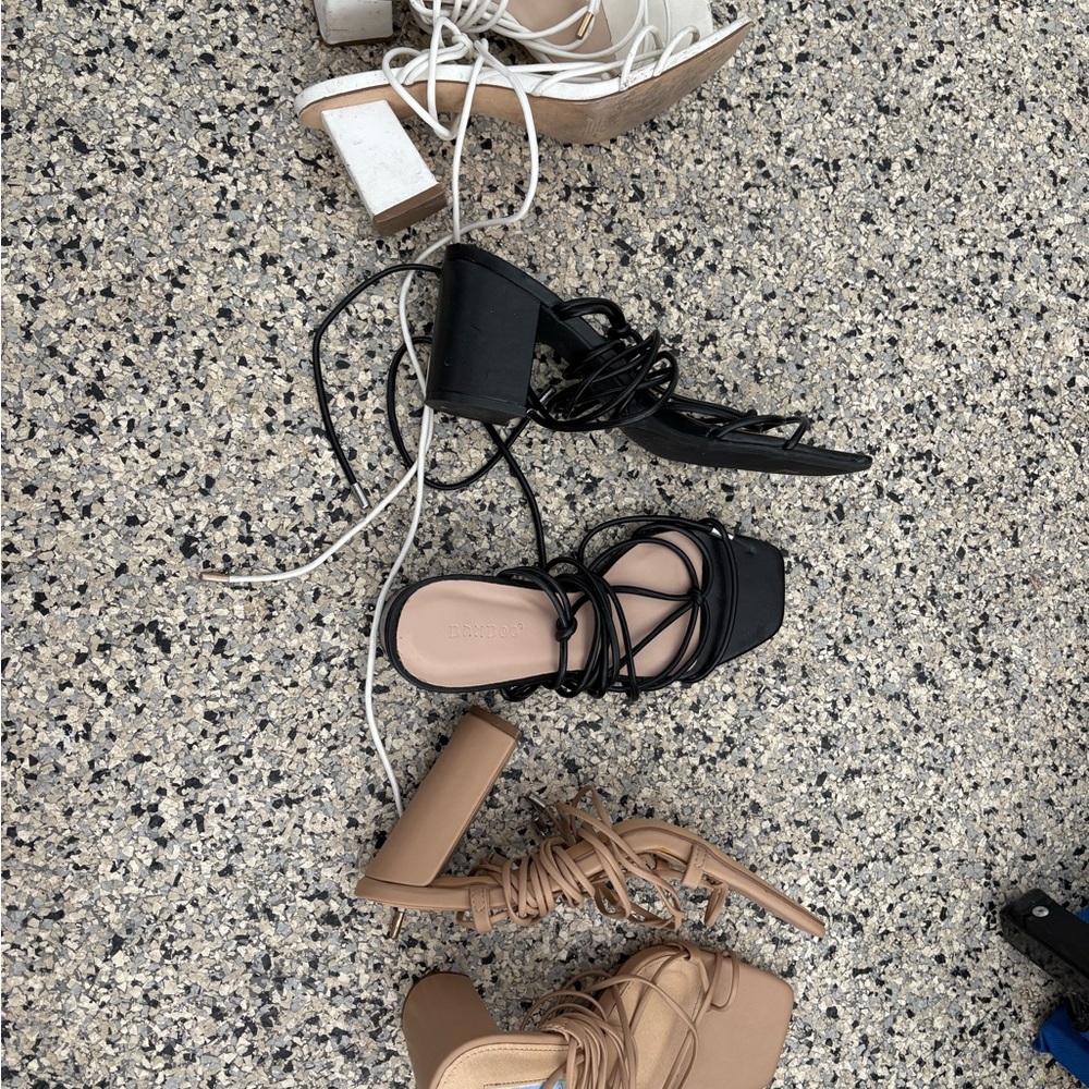 White, Black and Tan Strappy Heels